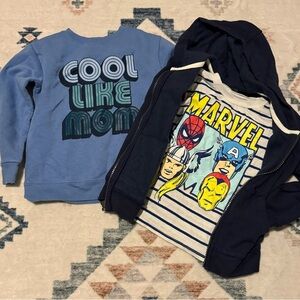 Size 4T crew neck sweater/4T navy hoodie and 4T Marvel short sleeve shirt